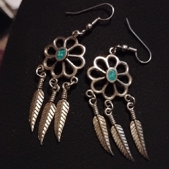 Silver and Turquoise Feather Dangle Earrings Vintage - Picture 1 of 2
